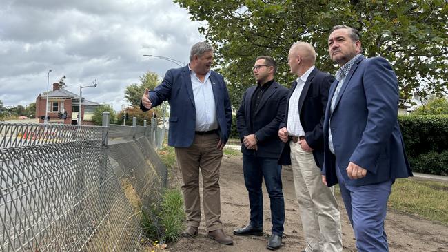 Infrastructure Minister Kerry Vincent, Civil Contractors Federation Tasmania Board Member and Fulton Hogan State Manager Matt Grundy, Liberal Candidate for Nelson Marcus Vermey, and Engineers Australia Tasmanian Division President Max Moller. Picture: Simon McGuire.