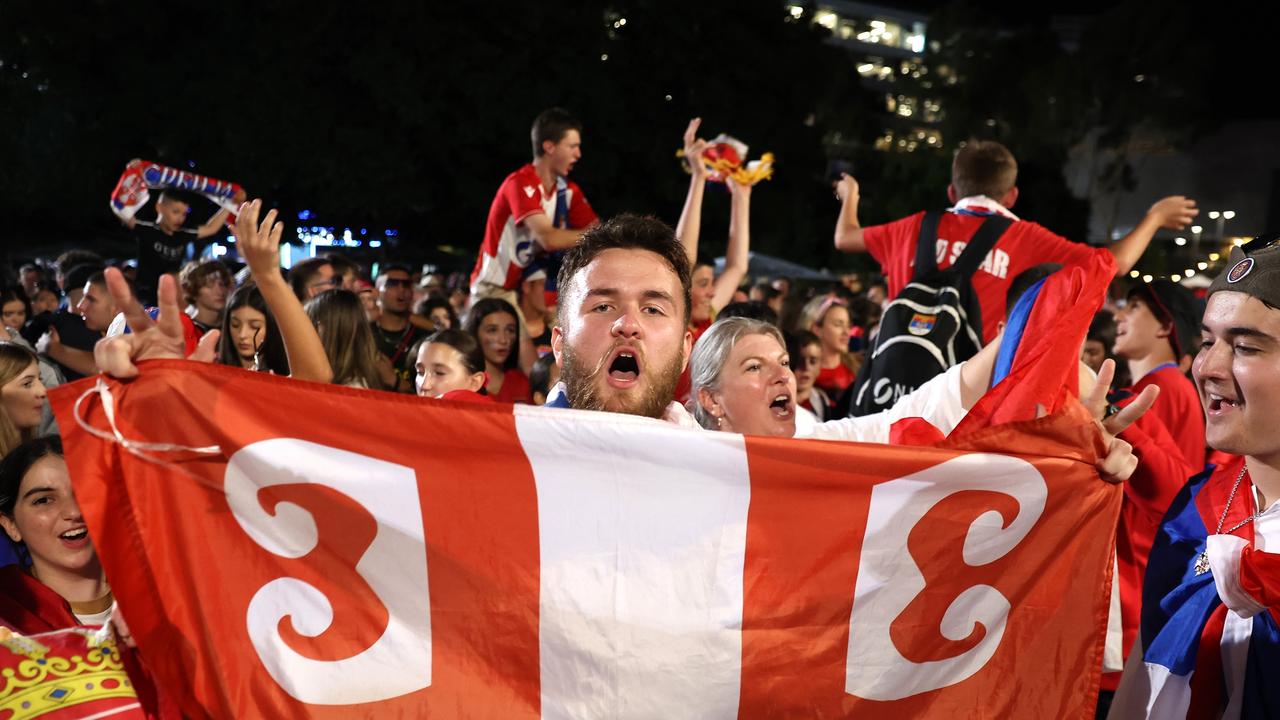 Serbian fans celebrate in Garden Square.