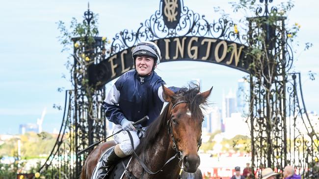 Alana Kelly returns to the mounting yard on Point Nepean (IRE) after winning the Lexus Andrew Ramsden at Flemington Racecourse on May 14, 2022 in Flemington, Australia. (Brett Holburt/Racing Photos via Getty Images)