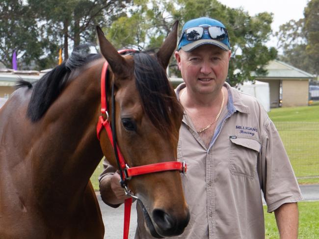 Embargoed for The Daily Telegraph.    The Big Dance race preview.   Trainer Glen Milligan with horse Charmmebaby who will be running in the Big Dance pictured at Port Macquarie racetrack on Port Macquarie cup day., Picture Shane Chalker