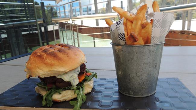 Veggie burger and chunky chips at Hashtag Boardwalk.