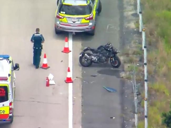 Scene of a fatal motorbike accident on the M1 at the Oxenford exit. Picture: Nine News.