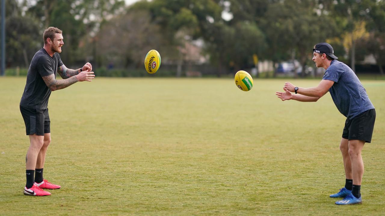 Tim Membrey and Seb Ross training during lockdown last year. Picture: Michael Dodge