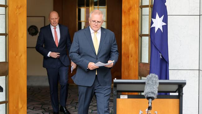 Prime Minister Scott Morrison tested positive for Covid after giving a press conference in Canberra on Tuesday. Picture: NCA NewsWire / Gary Ramage