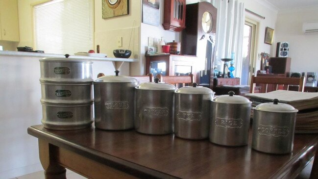 Complete canister and biscuit tin set available in Warwick, believed to be made in the 1940s/50s.