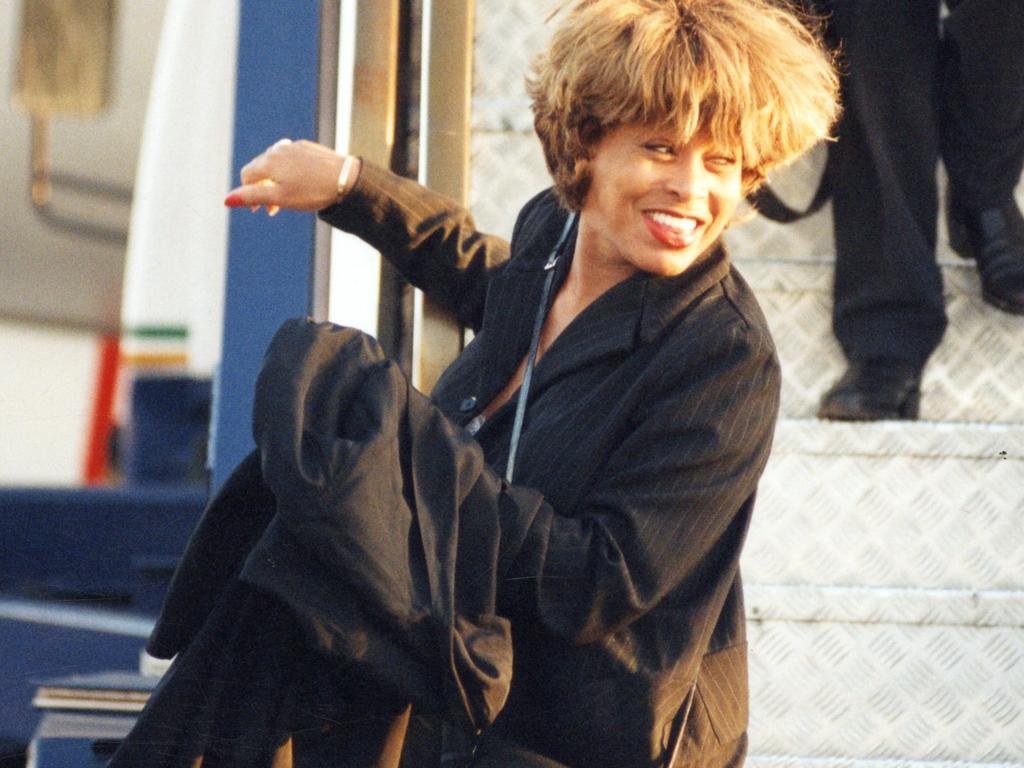 Tina Turner on the tarmac at Adelaide Airport ahead of her concert at the Australian Grand Prix in 1993.