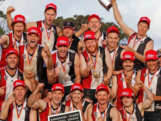 Western Districts celebrates its 2022 grand final win over Wisanger. Picture: Kangaroo Island Football League