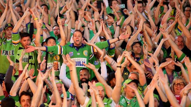 Raiders fans doing the viking clap at the 2019 NRL Grand Final at ANZ Stadium, Sydney Olympic Park. Picture: Jonathan Ng