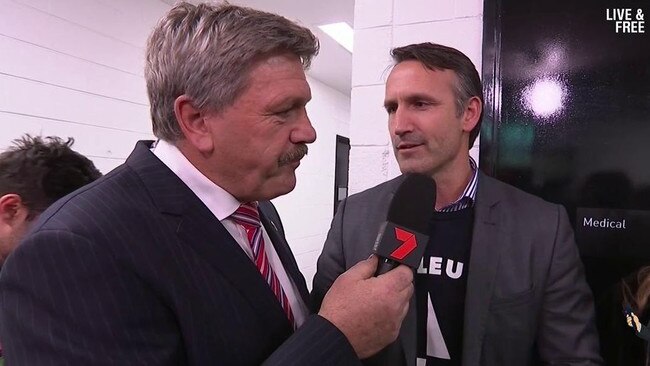 Shane Wakelin in the Collingwood rooms on 'Roaming Brian' after the team's qualifying final win over Geelong.