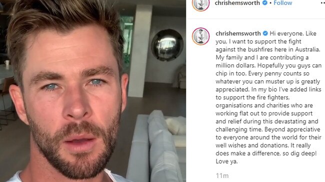 Chris Hemsworth announcing his $1 million donation to bushfire relief. Picture: Instagram