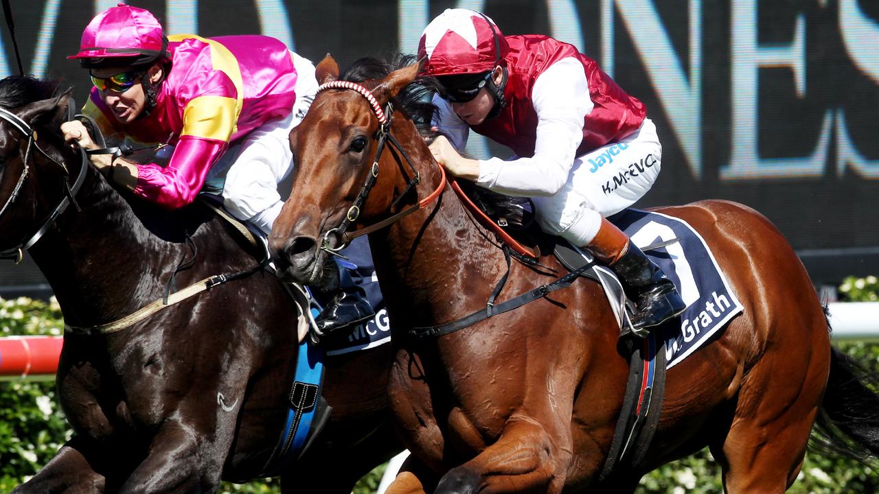 Racehorse Anise ridden by jockey Kerrin McEvoy winning race 1, Kindergarten Stakes at Royal Randwick Racecourse in Sydney.