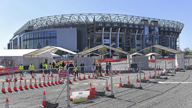 Twickenham Stadium is currently operating as a drive-through coronavirus testing centre. Picture: AP