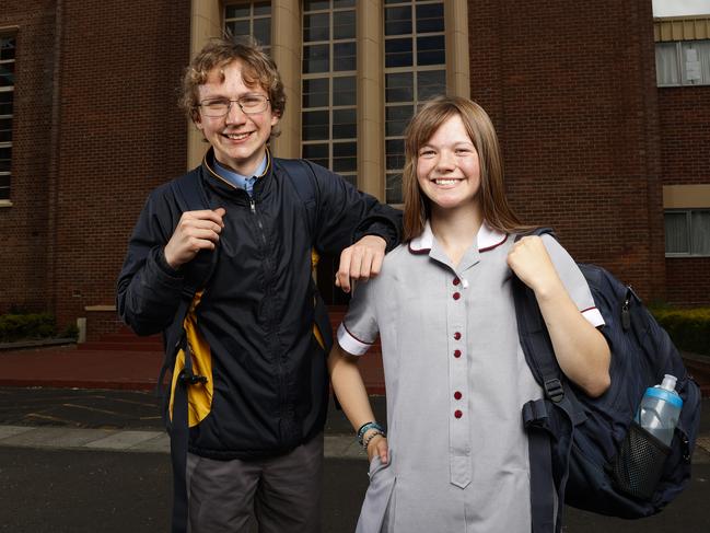 Grade 7 student from New Town High School Stanley Foster, 13 and grade 8 student from  Ogilvie High School Kate Figgel, 14 as they are becoming co-educational schools in 2022.  Picture: Zak Simmonds