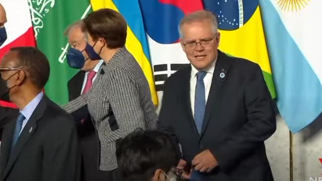 Scott Morrison after being snubbed for a handshake by colleagues. Source: 7 News via NCA NewsWIre