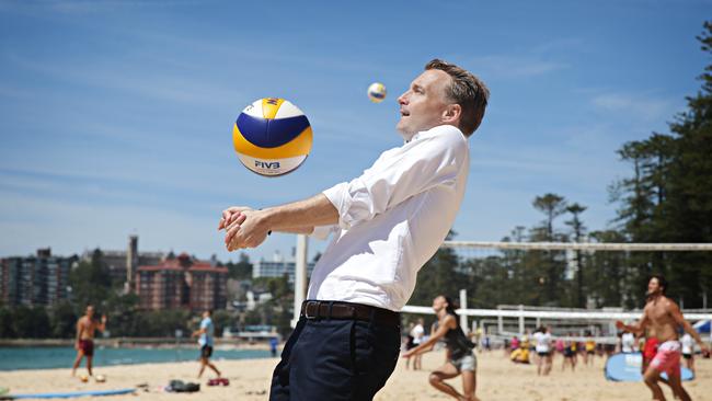 Manly MP James Griffin at Manly for the launch of VolleyFest beach volleyball contest. Picture: Adam Yip.