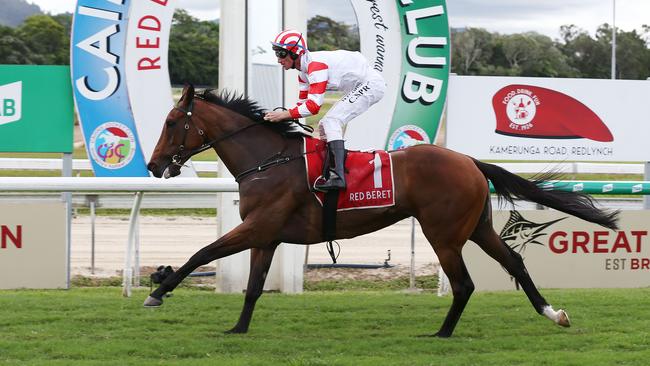 Let's Go Bobby, ridden by Carl Spry, wins the Belle of the Daintree Fillies and Mares Benchmark 70 Handicap (1500m) at Cannon Park. Picture: Brendan Radke