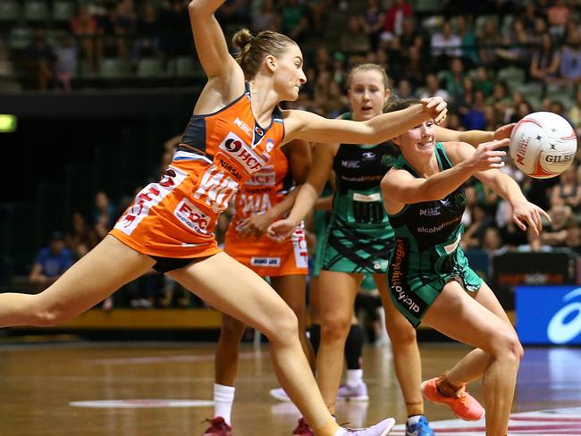 Giant Toni Anderson attempts to cut a pass off in the match against Fever.