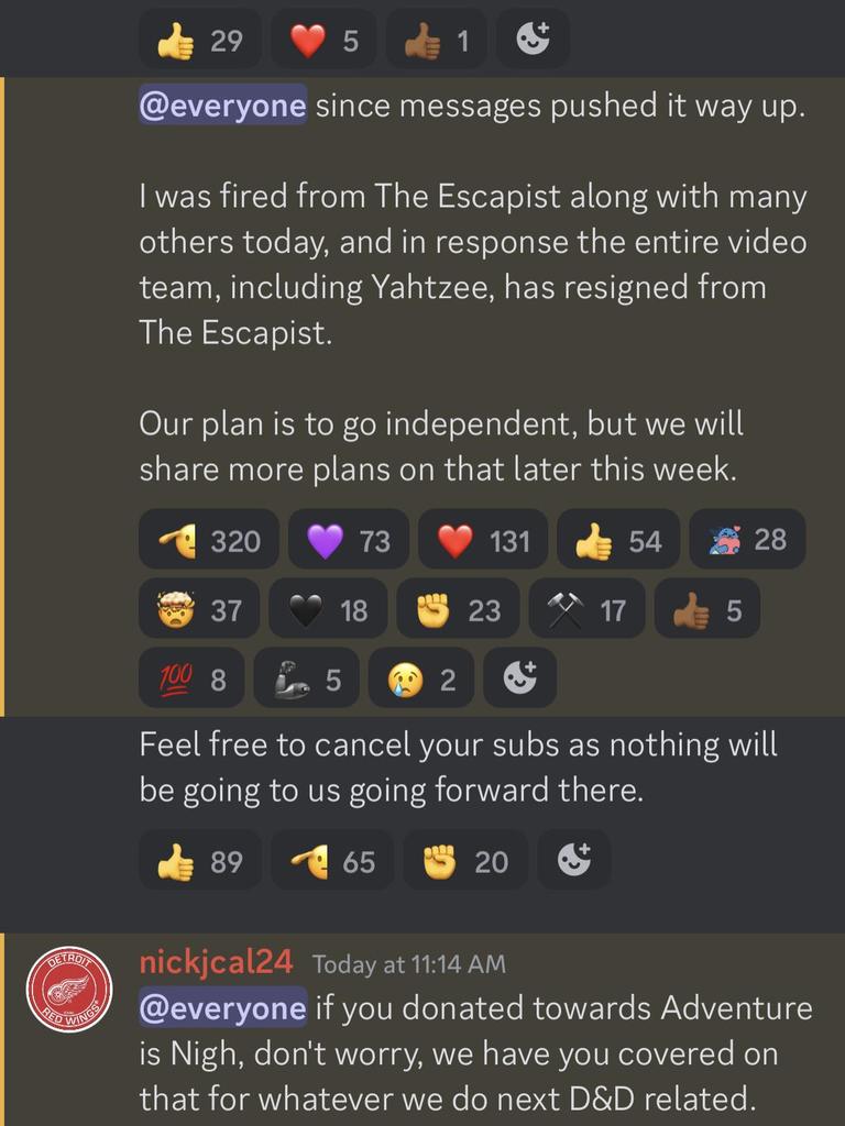 Former editor-in-chief of The Escapist Nick Calandra updates his readers on the state of the resigning staff. Picture: Discord/screenshot