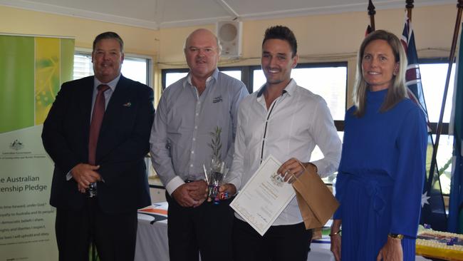Whitsunday Mayor Andrew Willcox, councillor Gary Simpson, new Australian citizen Martin Anfosso and councillor Michelle Wright at the Australia Day Citizenship Ceremony in Bowen. Photo: Elyse Wurm