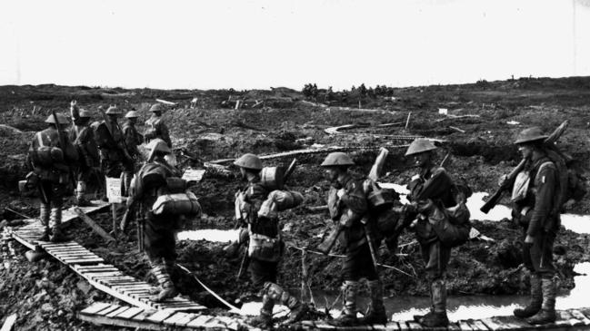 Australian troops walk towards Ypres, Belgium, on the Western Front in 1917.