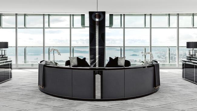 The Art Deco living area of the Boyd penthouse in Sydney's ANZ tower boasts breathtaking views and what is believed to be the biggest rug in the southern hemisphere. Everything inside has been custom made.