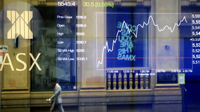 Pedestrians are seen reflected on the Australian Stock Exchange (ASX) trading board in Sydney, Monday, January 7, 2019. (AAPImage/Jeremy Piper) NO ARCHIVING