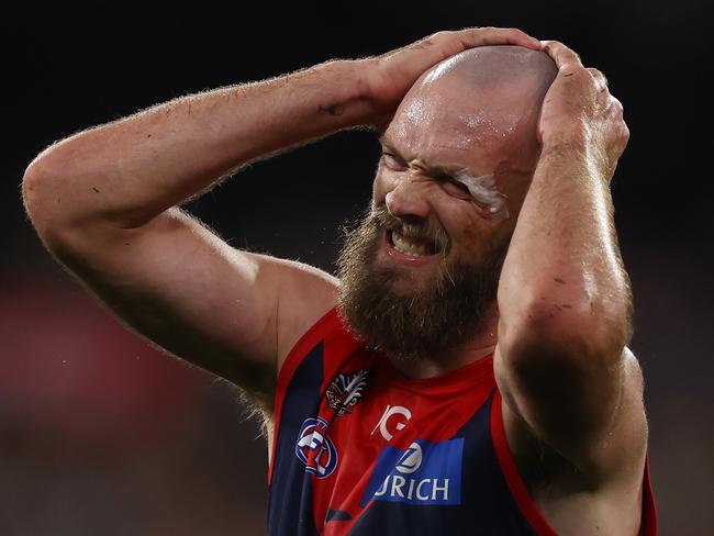 MELBOURNE. 24/04/2023. AFL. Round 6. Melbourne vs Richmond at the MCG.  Max Gawn of the Demons reacts after missing a shot at goal . Pic: Michael Klein