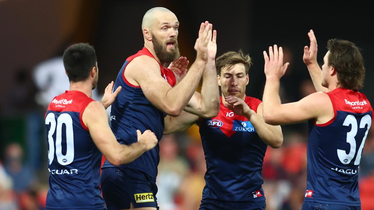 Max Gawn celebrates a goal after an off-the-ball free kick. Picture: Chris Hyde