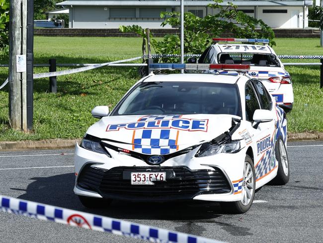 Police officers attend the scene of a car crash involving a stolen police and multiple other vehicles at the intersection of Torino and Sondrio Streets, Woree. Picture: Brendan Radke