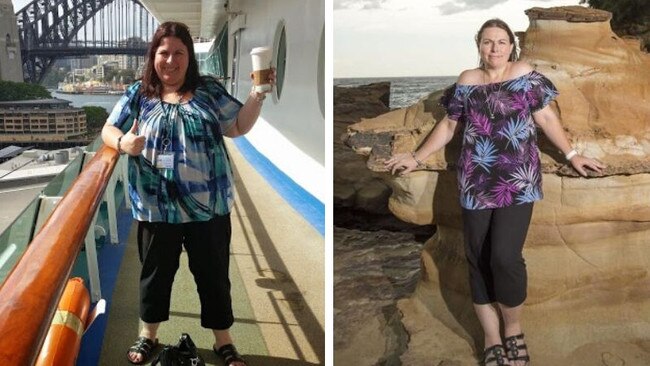Before and after shots of Karen Farmer following her incredible weight loss. Picture: supplied