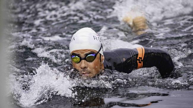 Spanish Tri-athlete Javier Gomez was first out of the water at the Ironman 70.3 Tasmania in Hobart on Sunday 4th February. Picture: Linda Higginson