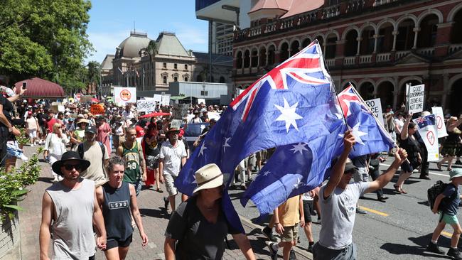 The Freedom Rally in the Brisbane CBD on Saturday. Picture: Annette Dew