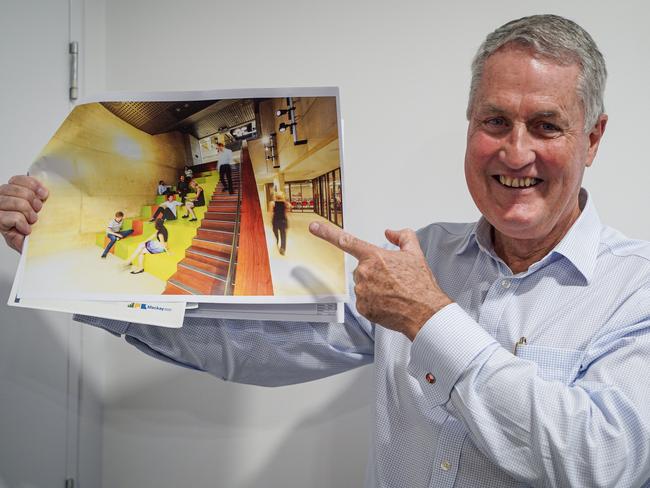 Mackay Mayor Greg Williamson said the Northern Beaches Community Hub is expected to cost in excess of $50m. He is pictured with an example of what the entrance to the library might look like. Picture: Heidi Petith