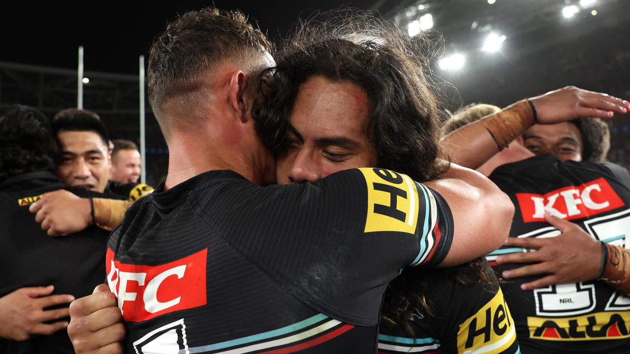SYDNEY, AUSTRALIA - OCTOBER 01: Jarome Luai of the Panthers celebrates with Scott Sorensen of the Panthers after winning the 2023 NRL Grand Final match between Penrith Panthers and Brisbane Broncos at Accor Stadium on October 01, 2023 in Sydney, Australia. (Photo by Matt King/Getty Images)