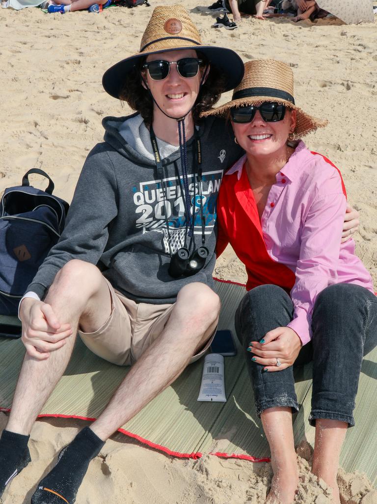 Aaron and Alison Stewart enjoying the inaugural Pacific Air Show over Surfers Paradise. Picture: Glenn Campbell