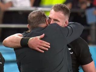 Kieran Read and Steve Hansen hug after full-time as their careers finish.