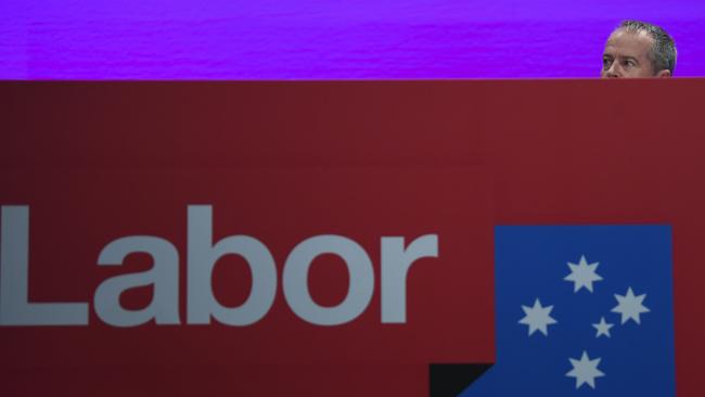 Opposition leader Bill Shorten is seen after delivering his speech on day one of the Labor national conference in Adelaide. Picture: AAP