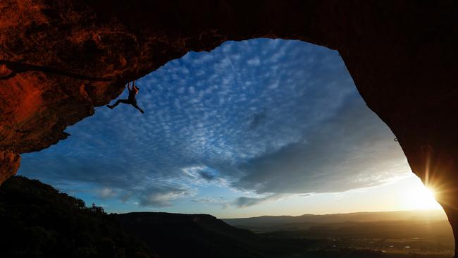 Angie Scarth-Johnson climbs at Gateway Crag in the Blue Mountains. Picture: AAP Image/Brendon Thorne