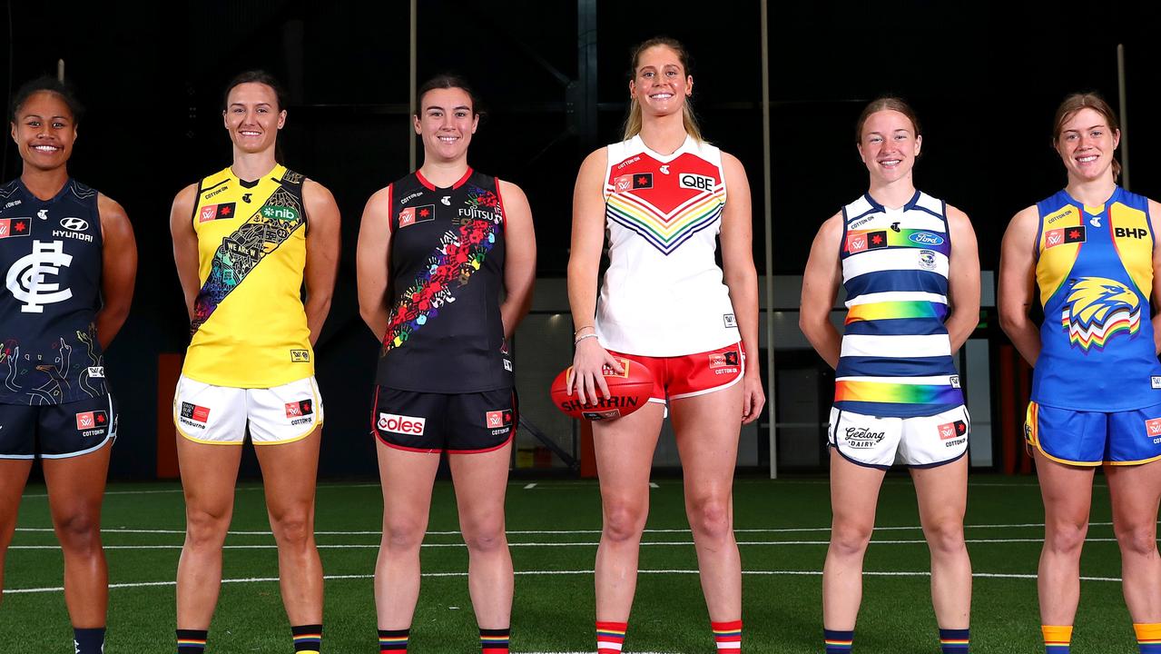 AFLW players Mua Laloifi, Eilish Sheerin, Bonnie Toogood, Alice Mitchell, Mikayla Bowen and Bella Lewis with their pride jumpers. Picture: Kelly Defina/Getty Images