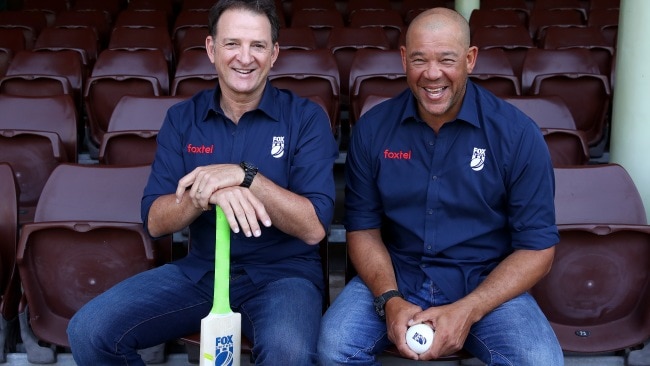 Cricket legend Andrew Symonds (right) sent a message to his Fox Sports boss joking about a massive deal NFL GOAT Tom Brady signed to be an analyst on the commentating team. Picture: Toby Zerna