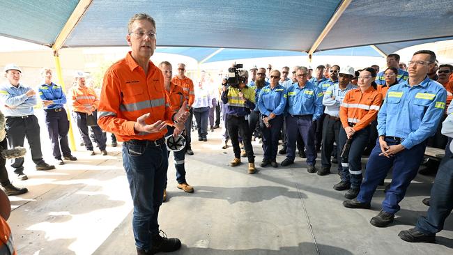 Rio Tinto chief executive Jakob Stausholm speaks to workers in Gladstone last week. Picture: Lyndon Mechielsen