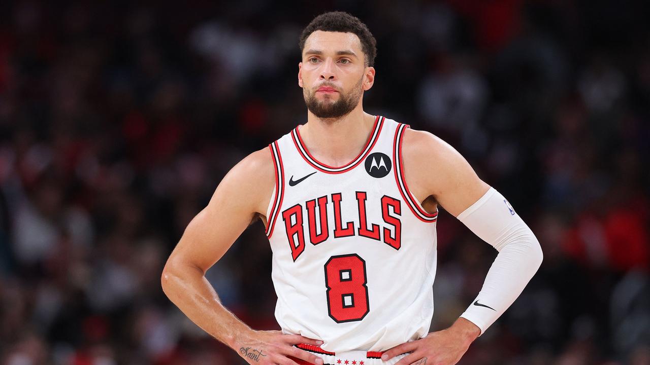 CHICAGO, ILLINOIS - NOVEMBER 06: Zach LaVine #8 of the Chicago Bulls looks on against the Utah Jazz during the first half at the United Center on November 06, 2023 in Chicago, Illinois. NOTE TO USER: User expressly acknowledges and agrees that, by downloading and or using this photograph, User is consenting to the terms and conditions of the Getty Images License Agreement. Michael Reaves/Getty Images/AFP (Photo by Michael Reaves / GETTY IMAGES NORTH AMERICA / Getty Images via AFP)