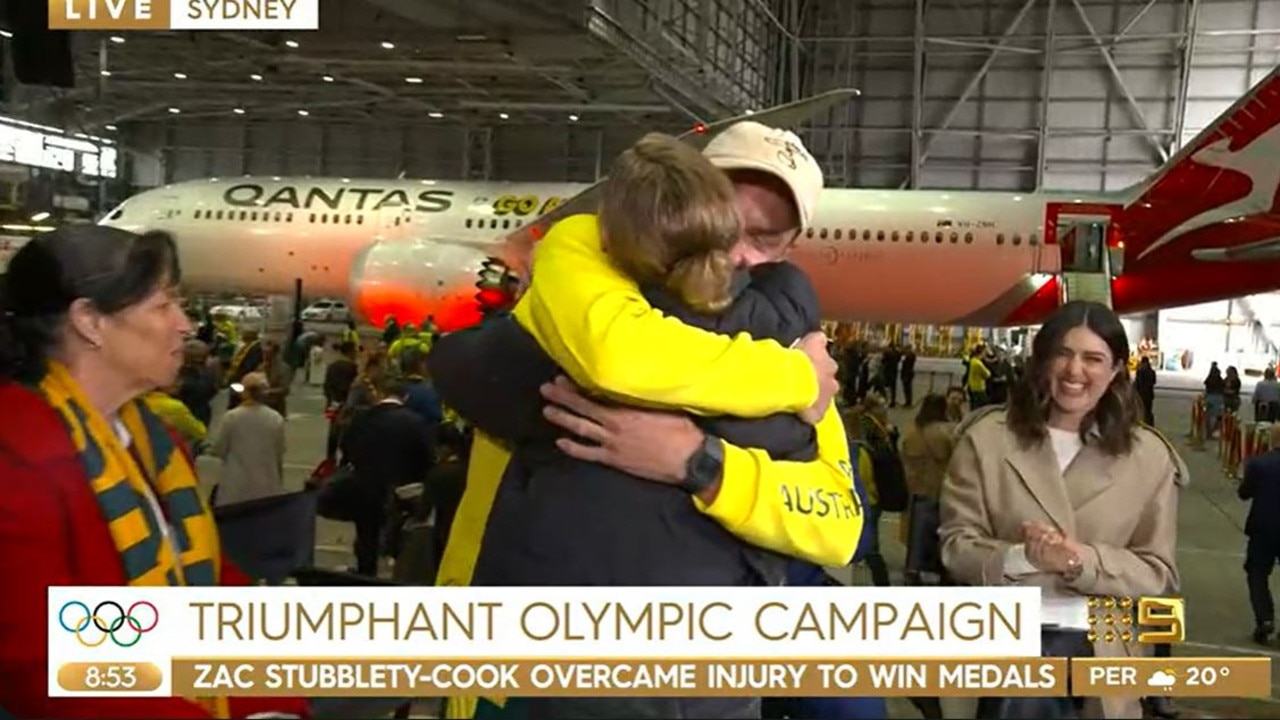 Swimmer Zac Stubblety-Cook had a touching reunion with his partner and fellow swimmer Leah Neale. Picture: Today