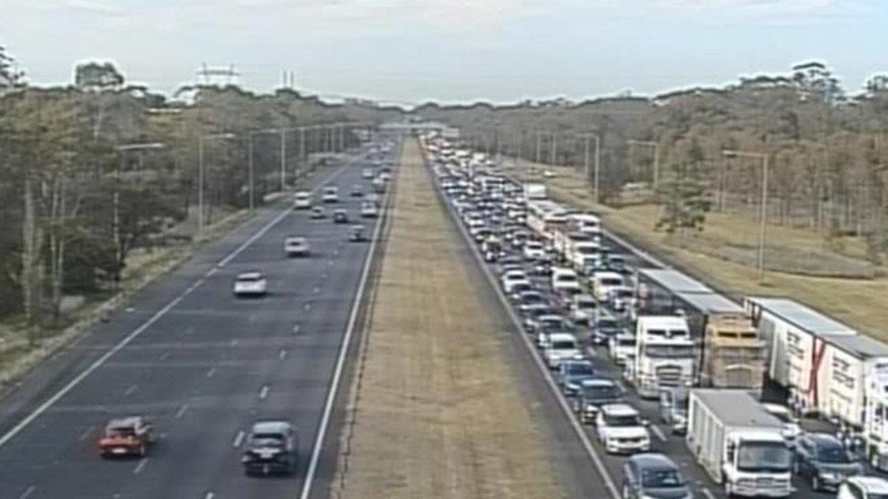 Traffic cameras shows traffic backed up on the M5 Motorway near Camden. Picture: Live Traffic