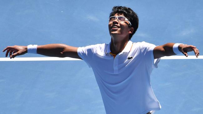 Hyeon Chung celebrates his quarter-final victory.