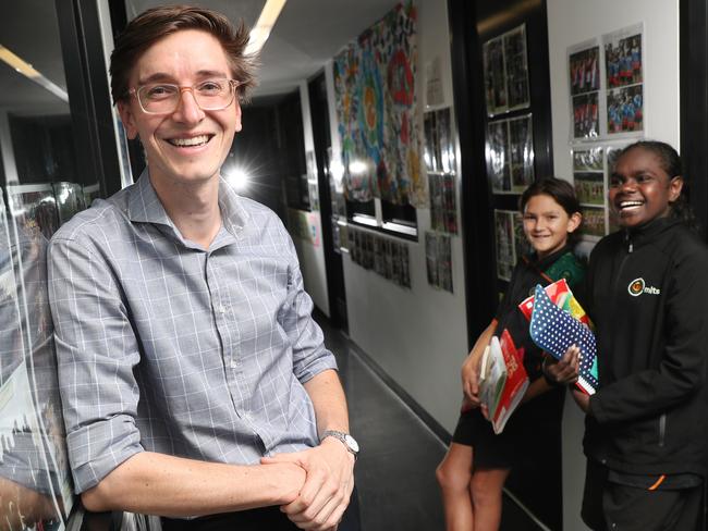 Pride of Australia nominee Edward Tudor with students Chris, 13, and Naomi, 12. Picture: Alex Coppel