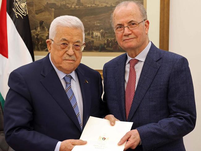 Palestinian President Mahmud Abbas and Palestinian Prime Minister Mohammad Mustafa, in Ramallah on March 14, 2024. Picture: AFP Photo/PPO