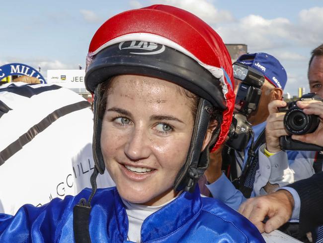 Jockey Michelle Payne wins the Myer Magic Millions Sprint on Husson Eagle at the Magic Millions racing carnival at the Gold Coast Turf Club on the Gold Coast, Saturday, Jan. 9, 2016. (AAP Image/Glenn Hunt) NO ARCHIVING, EDITORIAL USE ONLY