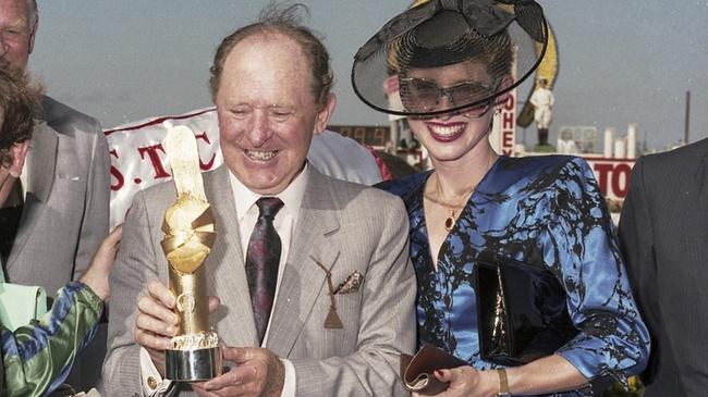 Tommy Smith and daughter Gai at the Golden Slipper presentation in 1986. Picture: Bradley Photos