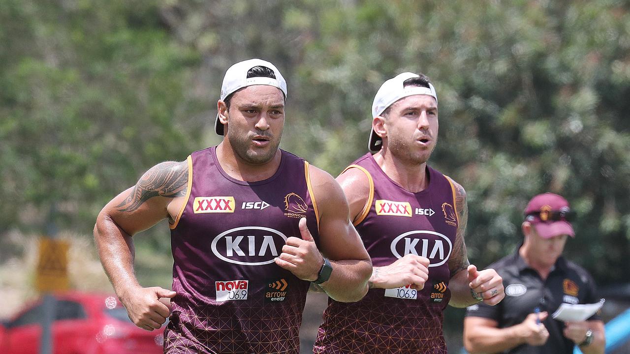 Alex Glenn and Darius Boyd at Broncos training. Pic Annette Dew